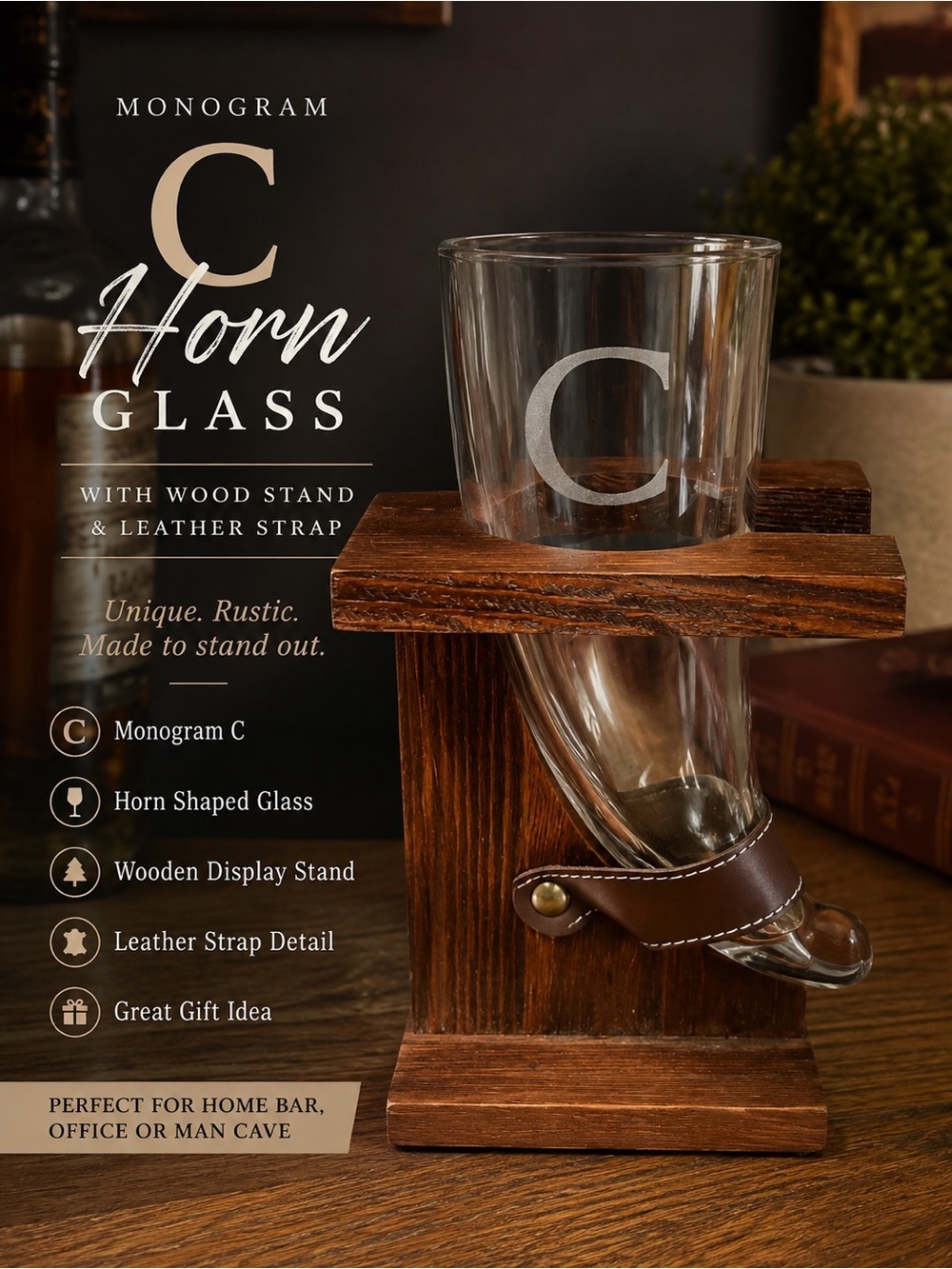 Monogram C Horn Shaped Glass with Wood Stand & Leather Strap